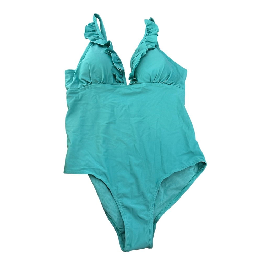 Serra Ruffle V-Neck One Piece Swimsuit Teal Blue Adjustable Straps Women L